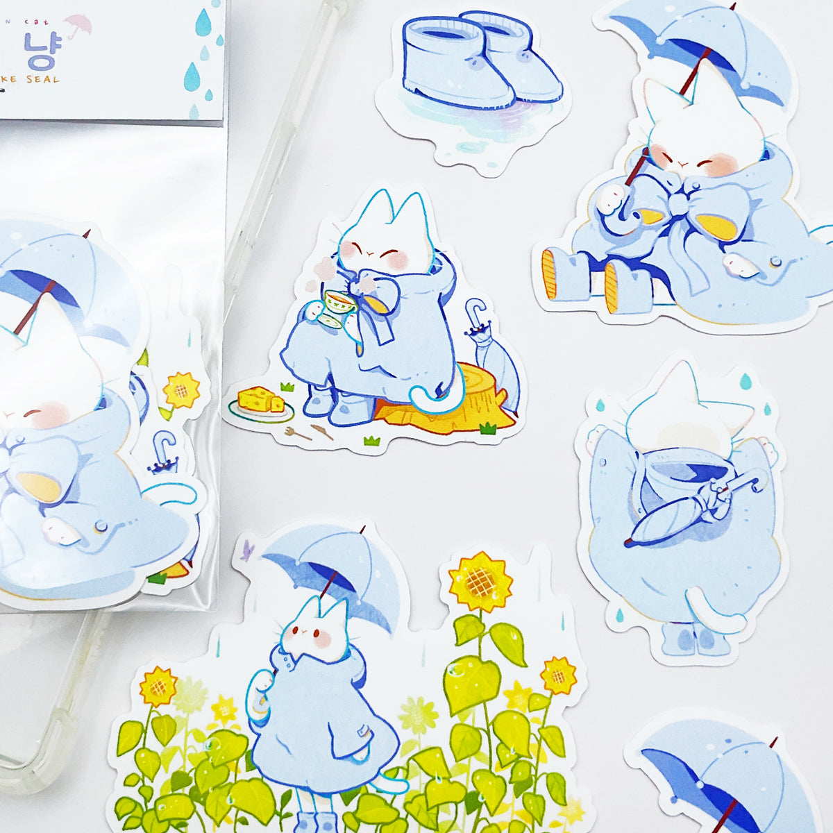 DAMJANG ALAE - Set de Stickers Chat sous La Pluie du Printemps